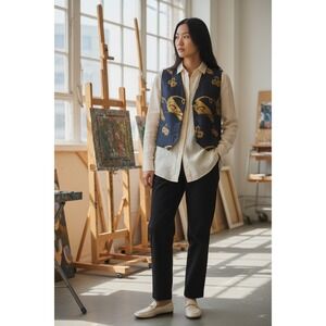 Doncaster Vintage Navy Gold Metallic Abstract Floral Cropped Vest Womens Medium